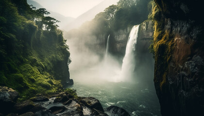 Canvas Print - Tranquil scene of majestic mountain range with flowing water and foliage generated by AI