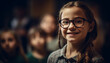 © djvstock - Cute girls in eyeglasses smiling for portrait in classroom happiness generated by AI