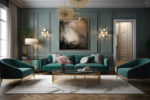 A Green Living Room With Blue And Gold Furniture Stock Photo & 3d Model Design Art Deco Bedroom