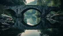 Tranquil Reflection Of Ancient Bridge In Misty Autumn Forest Generated By AI
