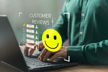 Poster - Customer review satisfaction feedback survey. Shopper gives a rating to service experience on online application. Client can evaluate quality of service leading to reputation ranking of the business.