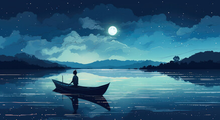 Wall Mural - a scene of a man riding a small boat in the moonlight, generative AI