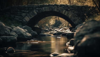 Sticker - Stone arch bridge over tranquil water in autumn forest landscape generated by AI