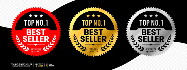 Top number one best seller vector label in red gold and silver color. suitable for icon, logo, sticker, seal, badge, emblem, stamp, etc. 
