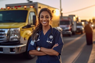 Smiling female doctor looking at camera and hands crossed Strong multi-ethnic professionals ready to handle emergencies and treat patients on night shifts.