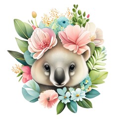 Wall Mural - koala with flowers on white background