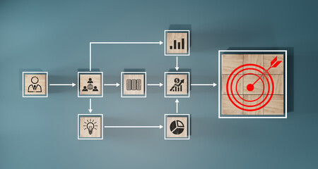 Wall Mural - woods block step on table with icon action plan, goal and target, success and business target concep