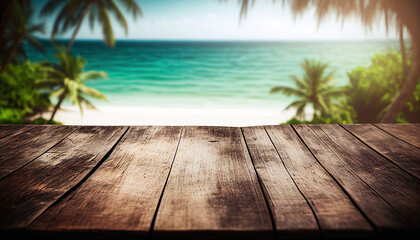 Sticker - Empty wooden table with tropical beach theme in background