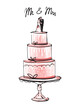 Tiered wedding cake with figurines of the bride and groom, Mr and Mrs. Classic decorated cake on a stand, linear fashion sketch line and watercolor. Wedding decorations. Vector illustration 