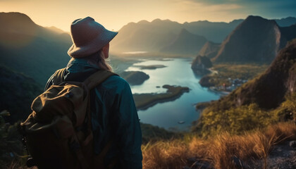 Canvas Print - Men and women hiking mountain peak at sunset generated by AI