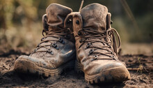 Dirty Leather Hiking Boots Trudge Through Muddy Nature Generated By AI