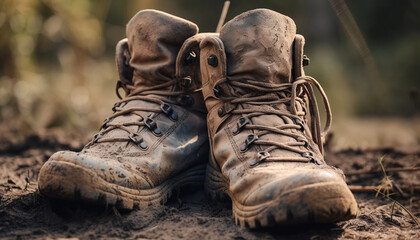 dirty leather hiking boots trudge through muddy nature generated by ai