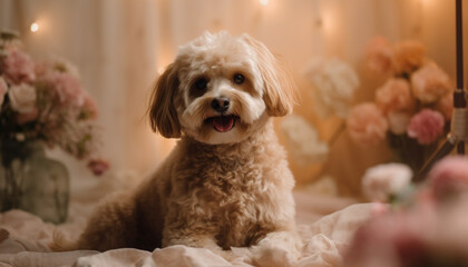 Wall Mural - Fluffy lap dog sitting, looking cute indoors generated by AI