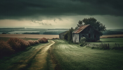 Poster - Abandoned farmhouse in spooky forest, autumn beauty generated by AI