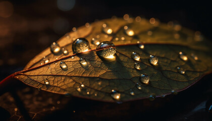 Sticker - Fresh dew drops on vibrant green leaf generated by AI