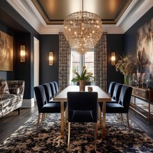 Dining Room That Feels Both Glamorous And Private, With A Statement Chandelier And Plush, Velvet Chairs Arranged Around A Long Table. Generative AI