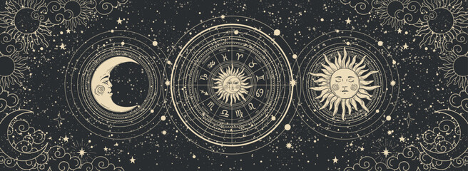 Wall Mural - Modern astrological banner, tarot card, vintage horoscopic zodiac wheel with 12 signs and constellations, sun and moon with face, clouds and stars on black background. Hand drawn vector illustration.