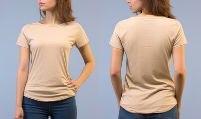 Photo realistic female beige t-shirts with copy space, front, and back view