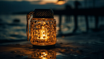 Canvas Print - Glowing candlelight illuminates tranquil seaside celebration generated by AI