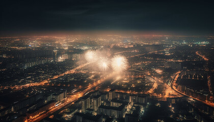 Poster - Glowing city skyline ignites with firework display generated by AI