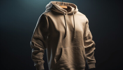 Canvas Print - Hooded jacket on young adult in dark studio generated by AI