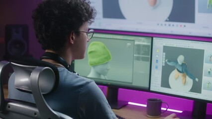Young 3D designer creates video game character or clothes, works remotely from home on computer and big digital screen with professional software interface and tools for 3D modeling and design.
