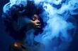 Dark-skinned black girl woman with a lush hairstyle and blue mystic smoke. The concept of mental and emotional health. Generated ai