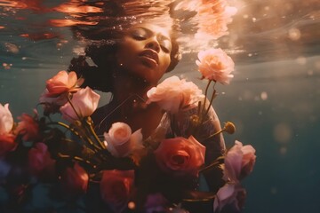 Black afro girl woman underwater with beautiful light and flowers. The concept of dreams, trance and mental health. Generated AI