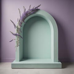 Sticker - Empty lavender purple concrete arch display podium with a subtle texture, illuminated by gentle and ethereal dappled sunlight, against a mint green wall