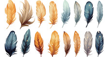 Vector Feathers Collection, Watercolor Feathers On White Background. Realistic Style, Colorful Vector