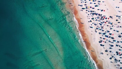 Poster - Aerial top down view of the tropical beach with people relaxing on sand. Santa Catarina island, Brazil