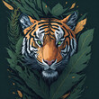 Fantasy watercolor painting of a tiger with swirling leaves against a green backdrop.generative AI
