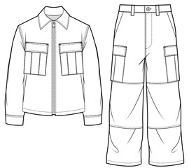 mens long sleeve zip up boxy jacket and wide leg baggy cargo trouser flat sketch vector illustration