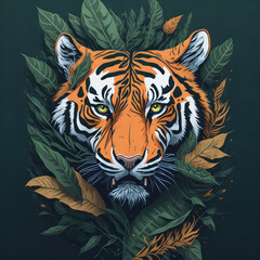  Fantasy watercolor painting of a tiger with swirling leaves against a green backdrop.generative AI