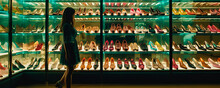 Captivating Image Of A Fashion-savvy Woman Hidden Behind An Alluring Array Of Colorful, Patterned Shoes On Glass Shelves, Expressing Strong Emotions Of Desire. Generative AI