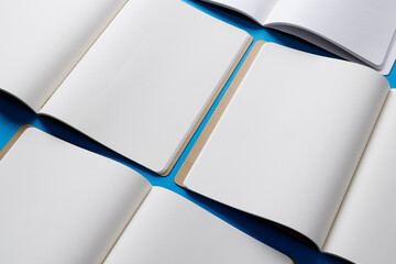 Canvas Print - Close up of open books with copy space on blue background