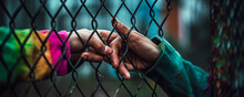 Emotive Close-up Of Two Hands Gripping A Fence, Striving To Connect Despite The Barrier Separating Them; Evoking The Power Of Love And Resilience. Generative AI