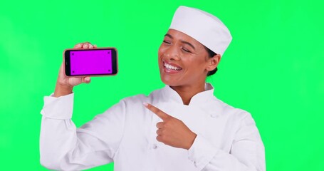 Sticker - Chef, phone and woman pointing on green screen in restaurant promotion, online menu and presentation. Mobile app, mockup and food expert, cook or person with tracking markers and studio background