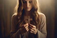 A Young Woman Holds A Cross In Her Hands And Prays Intently In A Christian Church, AI Generation