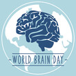 Postcard for World Brain Day, vector illustration with a cute brain in cartoon style on the background of the earth. July 22 and the bright blue silhouette of the human brain. Medicine, human health