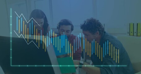 Poster - Animation of graphs over diverse coworkers sharing ideas on digital tablet in office