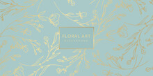 Luxury Floral Blue Abstract Background With Gold Hand Drawn Flowers. Vector Design Template For Postcard, Wall Poster, Business Card, Flyer, Banner, Wedding Invitation, Print, Cover, Wallpaper