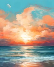 Sunset Painting With The Ocean On The Coast. Illustration. Generative AI.