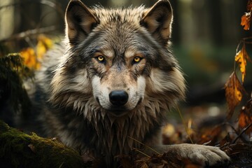 A large male gray wolf in the forest. Generative AI