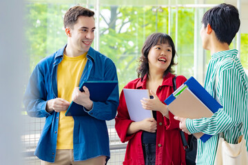 Poster - Multinational group smiling inside the building. International students.