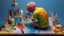 The Artist In The Form Of A Brain Draws And Develops Creative Abilities. The Concept Of Brain Development Through Art. AI Generated