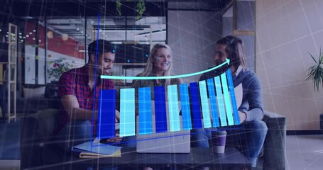 Canvas Print - Animation of statistical data processing against diverse colleagues discussing together at office