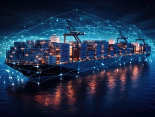 Container ship or cargo shipping business logistics import and export freight transportation by container ship in the open sea. Generative AI