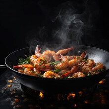 Shrimps With Garlic Are Fried In A Wok Pan