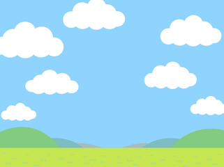 青空とたくさんの雲と草原のシンプルなイラスト